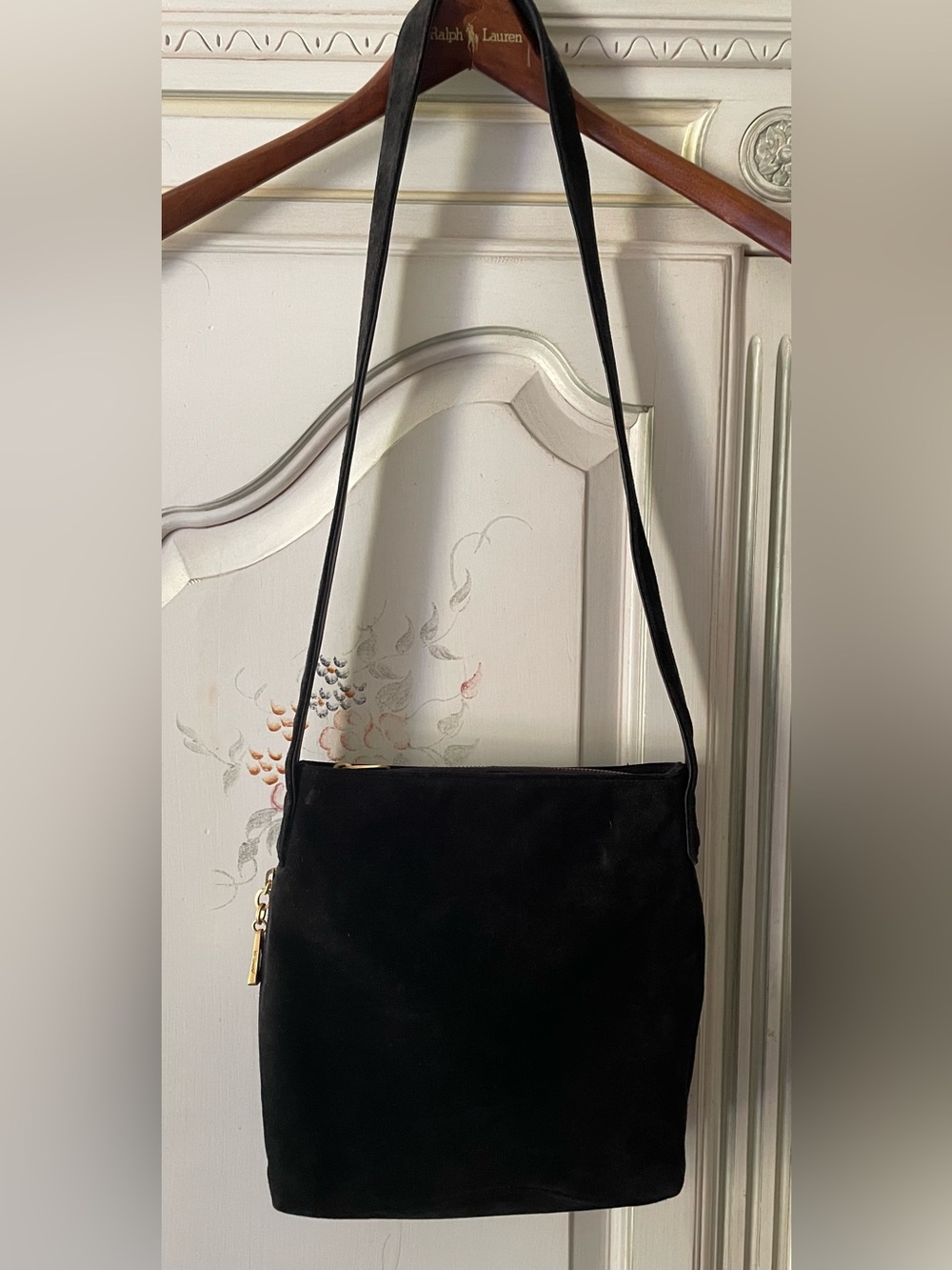 Sharif Black Suede Crossbody with Gold Accent